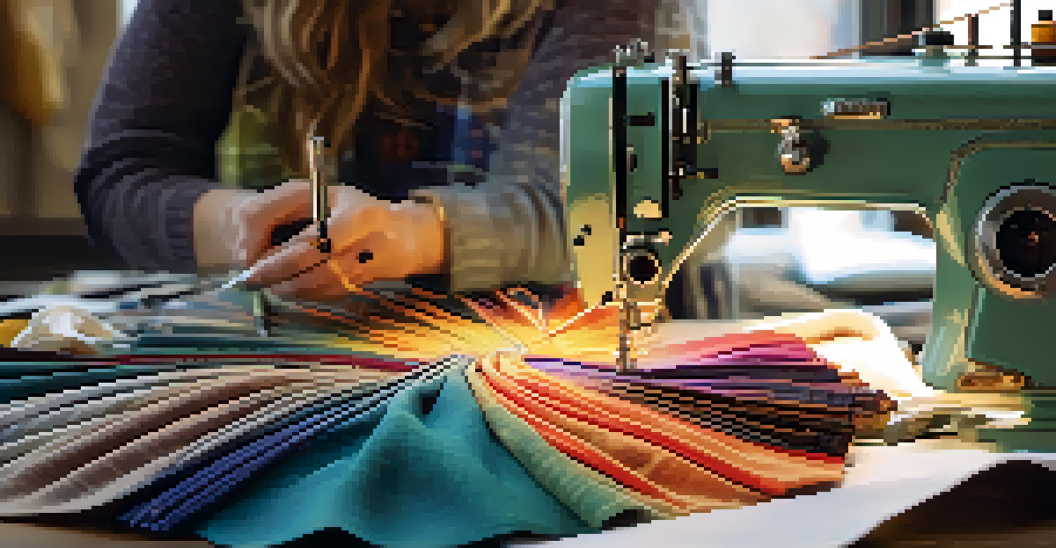 A close-up of hands sewing a colorful fabric in a well-lit workspace filled with sewing materials and tools.