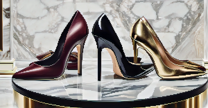 A variety of high-heeled shoes in different styles displayed on a pedestal in a boutique, with a soft focus on the background.