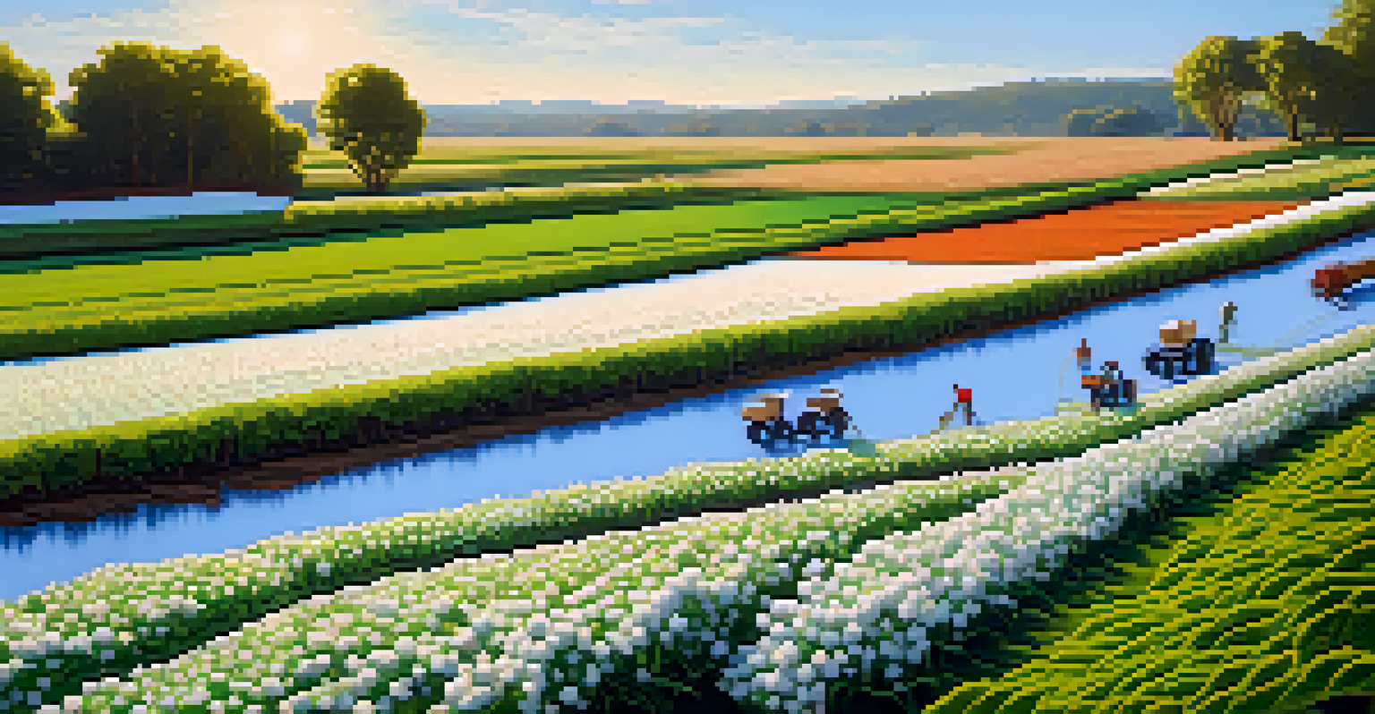 A landscape view of a sustainable fabric farm with green cotton fields and workers harvesting under a clear blue sky.