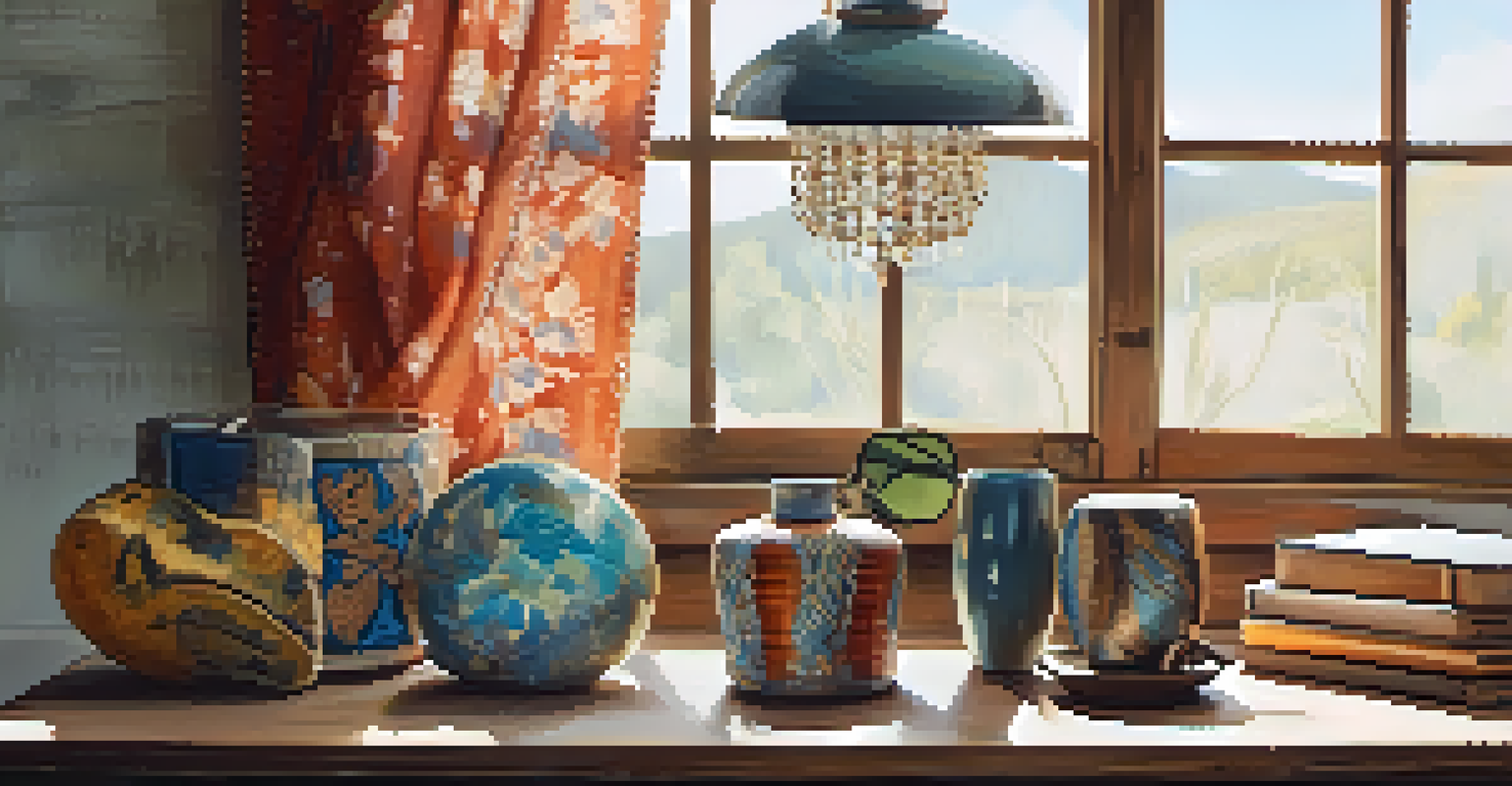 A close-up of a vintage-inspired fashion collection on a rustic table, featuring a bohemian top, denim jeans, and unique accessories, illuminated by soft natural light.