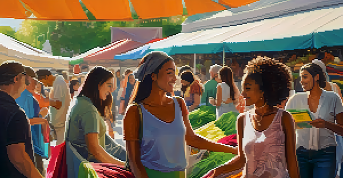 A bustling outdoor market showcasing sustainable clothing with diverse shoppers and vibrant stalls.