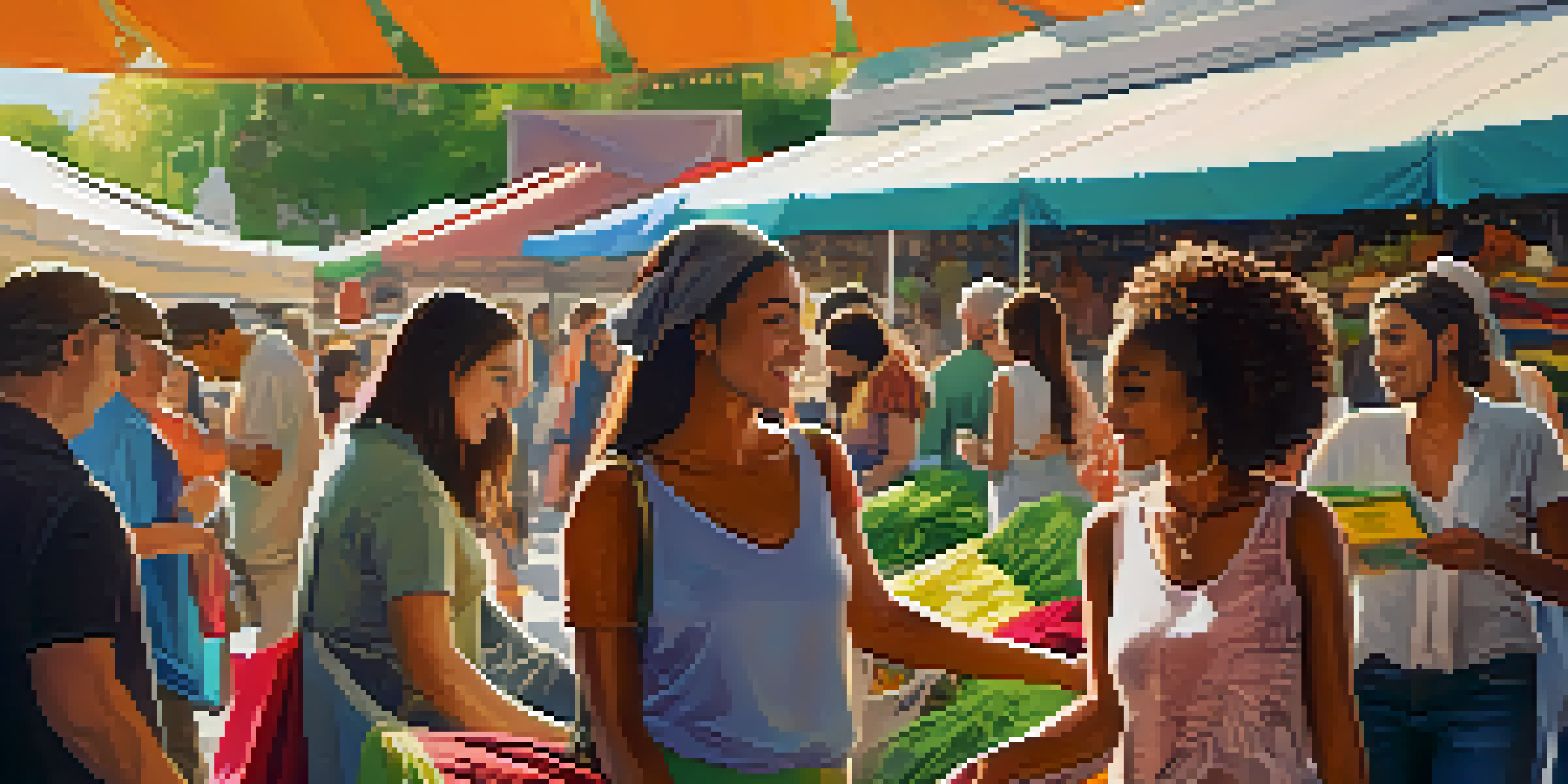 A bustling outdoor market showcasing sustainable clothing with diverse shoppers and vibrant stalls.