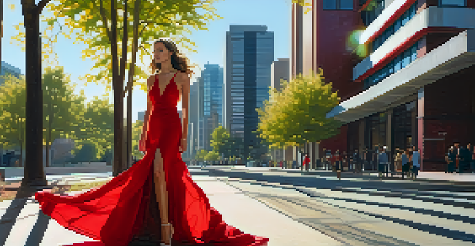 A model in a red dress stands confidently in a sunlit urban street, with modern architecture in the background and trees casting soft shadows.