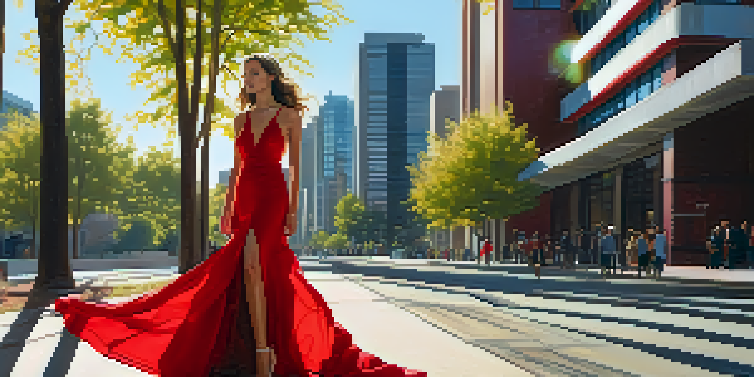 A model in a red dress stands confidently in a sunlit urban street, with modern architecture in the background and trees casting soft shadows.