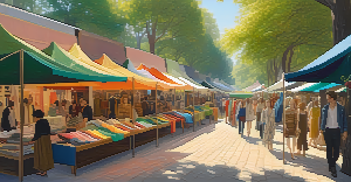A lively outdoor market showcasing sustainable fashion with colorful eco-friendly clothing and diverse shoppers under bright canopies.