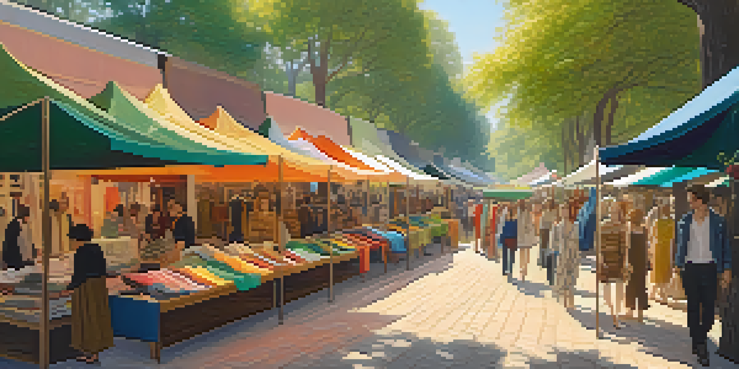 A lively outdoor market showcasing sustainable fashion with colorful eco-friendly clothing and diverse shoppers under bright canopies.