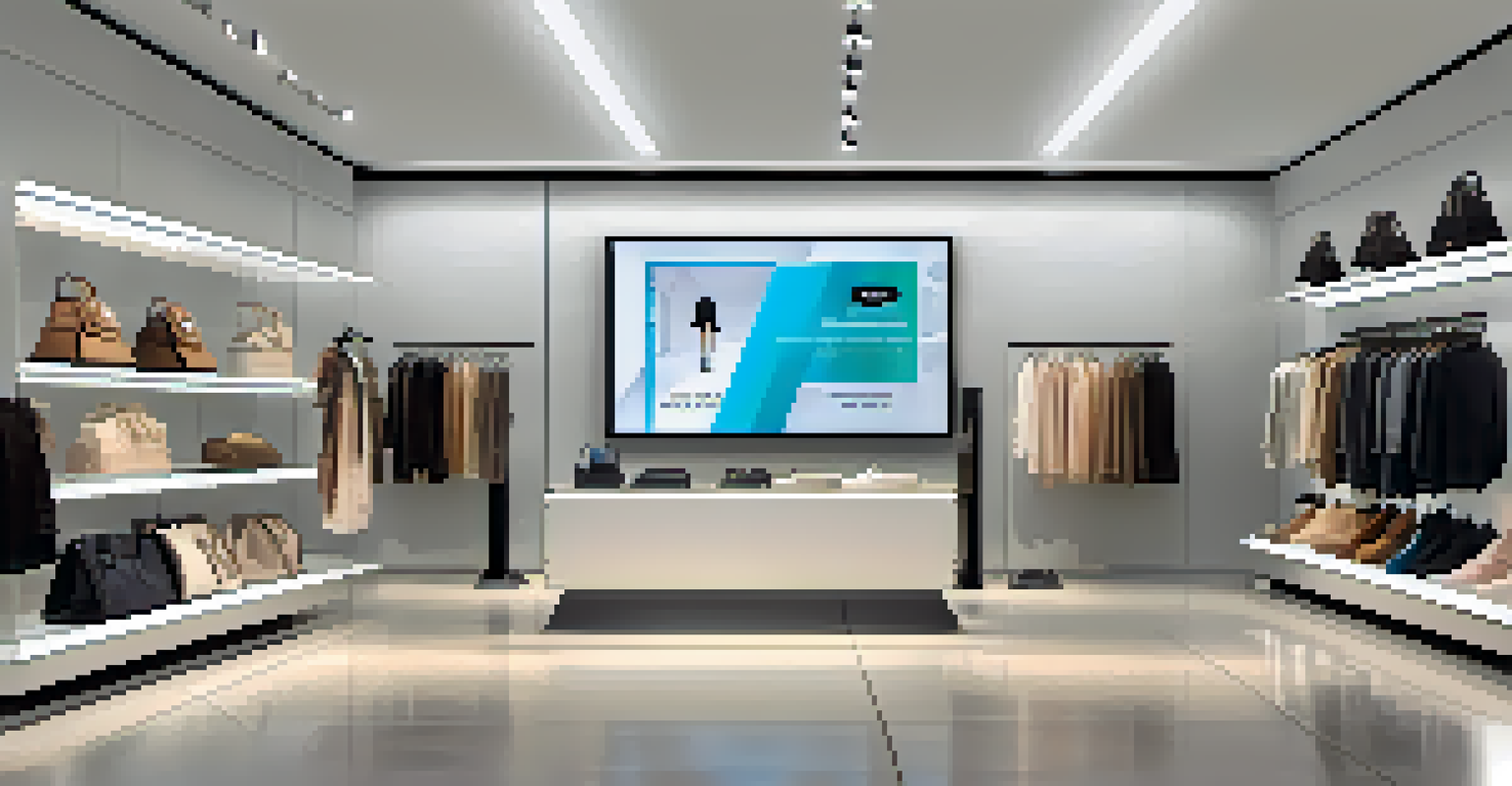 A modern retail display with a touchscreen showcasing outfit combinations, surrounded by stylish clothing items in a minimalist setting.