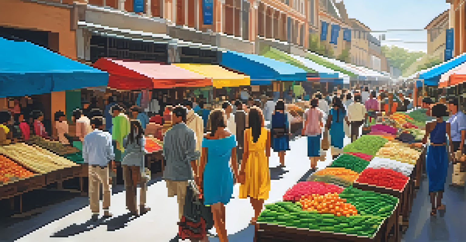 A vibrant outdoor market with stalls featuring Fair Trade clothing and accessories, surrounded by diverse shoppers.