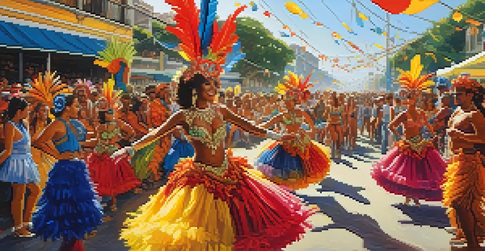 A lively street scene at Rio Carnival with dancers in colorful costumes and feathers, surrounded by a festive crowd.