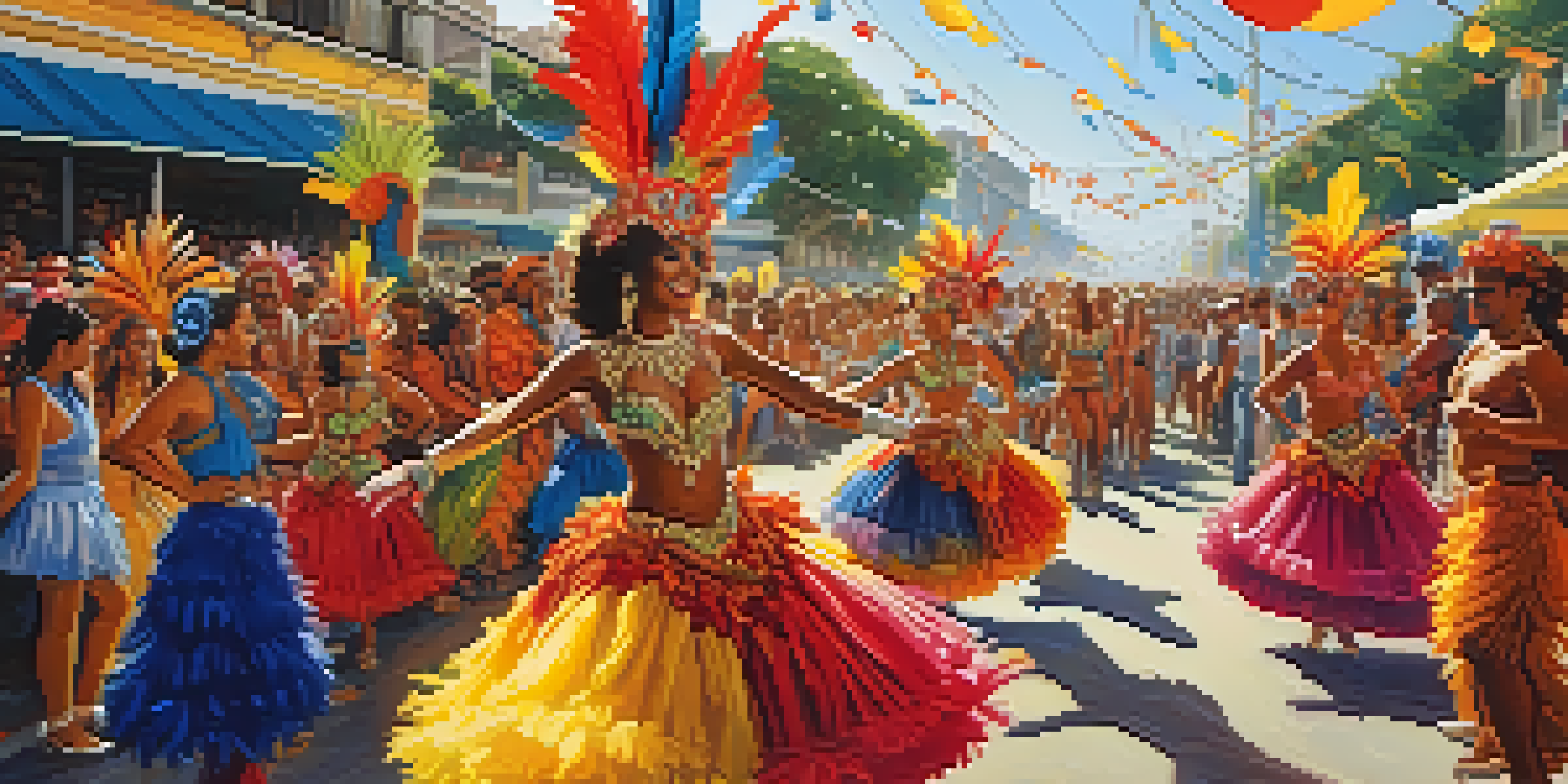 A lively street scene at Rio Carnival with dancers in colorful costumes and feathers, surrounded by a festive crowd.