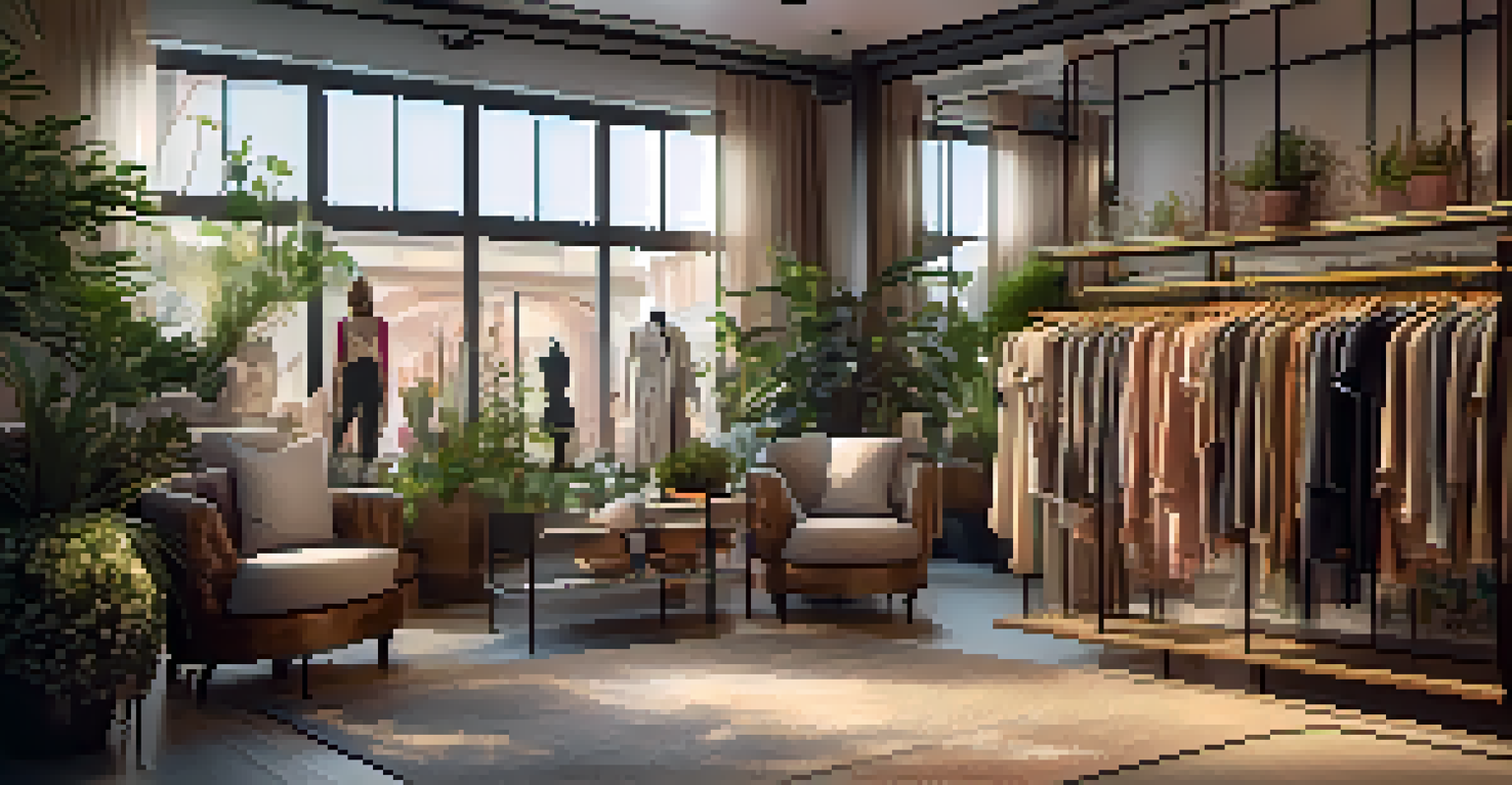 Interior of a cozy boutique with stylish clothing displayed and a warm ambiance.