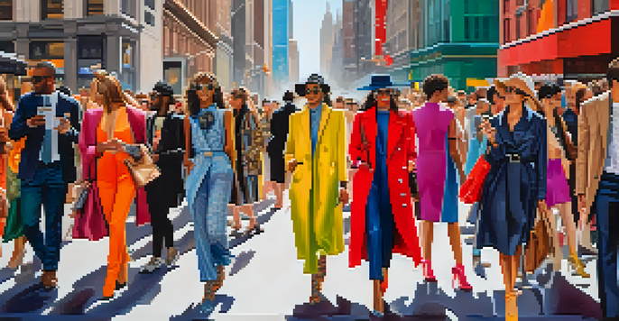A lively street scene with people dressed in various fashionable outfits, capturing the essence of New York Fashion Week.