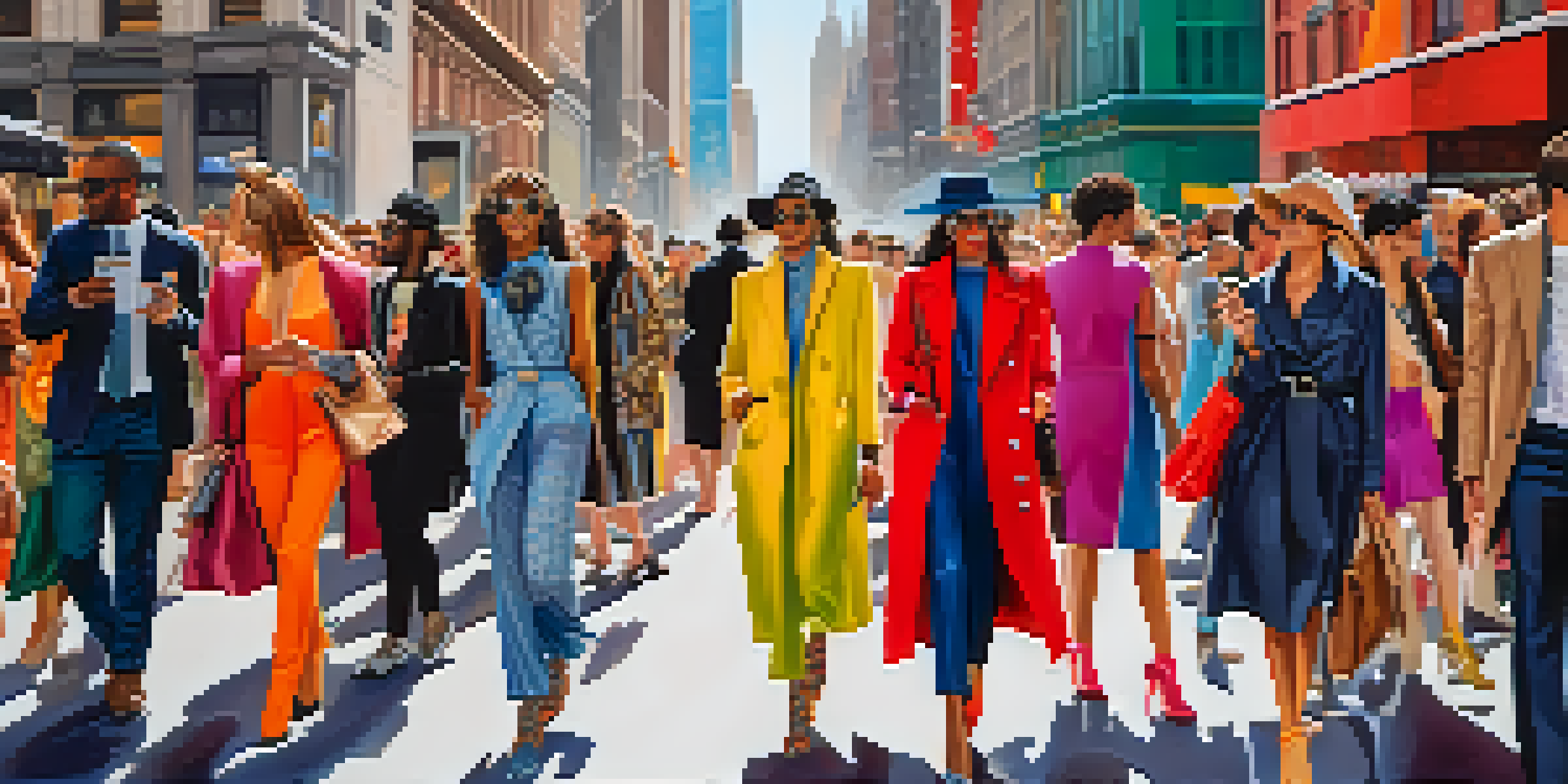 A lively street scene with people dressed in various fashionable outfits, capturing the essence of New York Fashion Week.