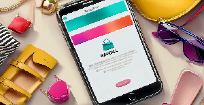 A smartphone displaying a fashion brand email surrounded by colorful accessories like sunglasses and a handbag.