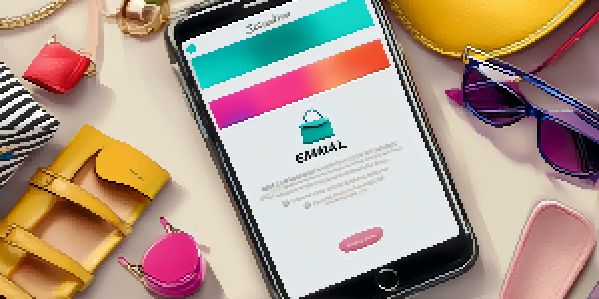 A smartphone displaying a fashion brand email surrounded by colorful accessories like sunglasses and a handbag.
