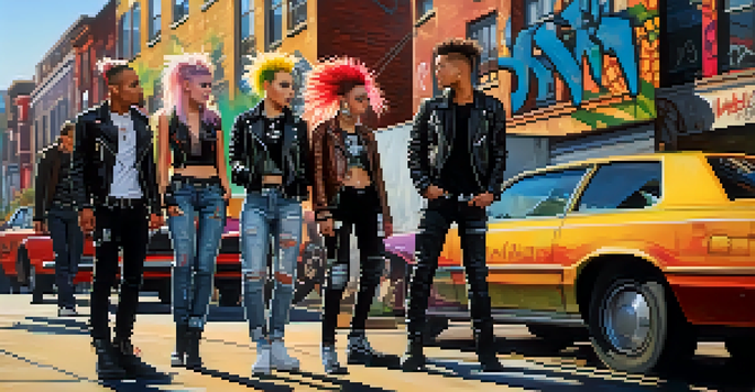 A lively urban street scene showcasing young individuals in punk fashion, including leather jackets and colorful hairstyles, with graffiti art in the background.