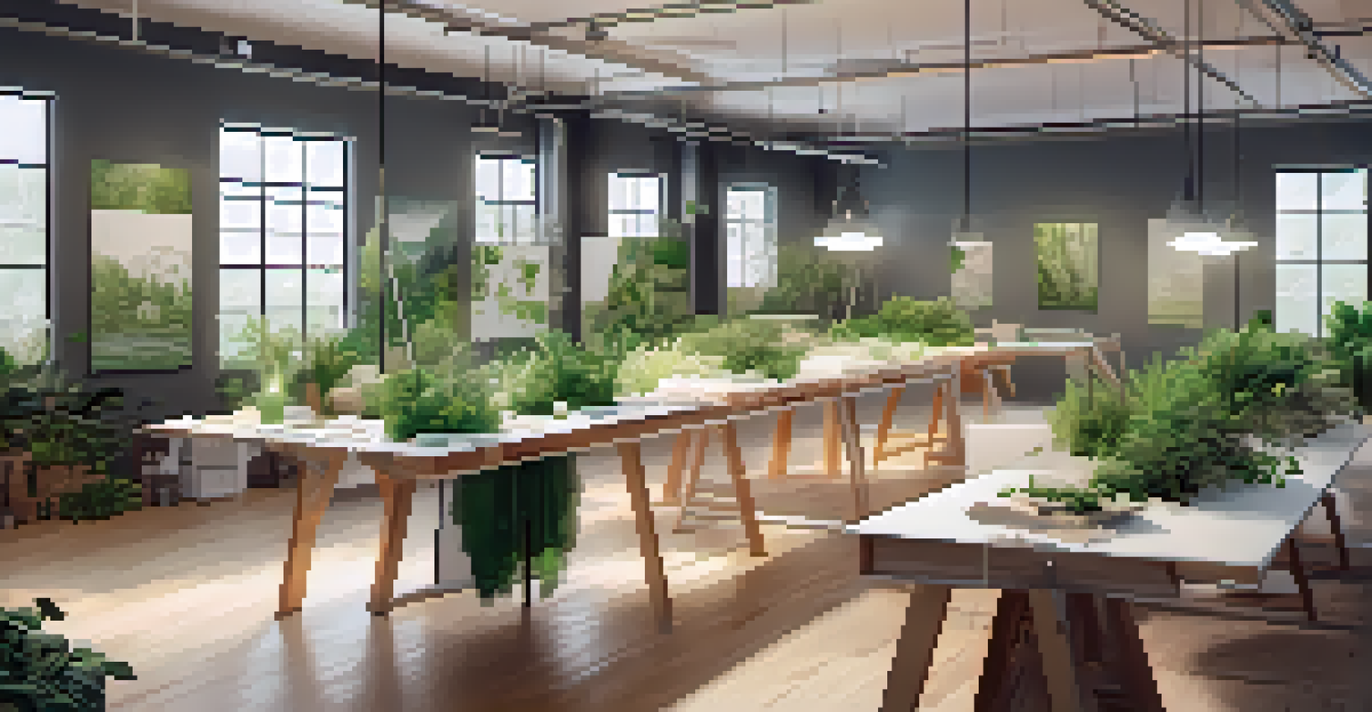 Designers working with sustainable fabrics and AI tools in a green, eco-conscious workshop.