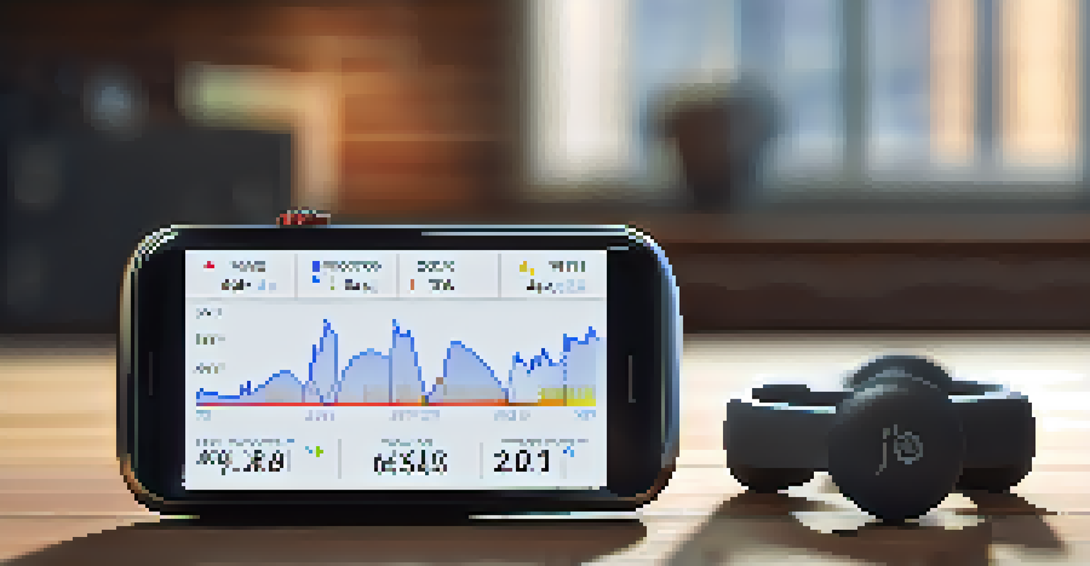 A close-up of a smart watch showing health metrics on a wooden table.