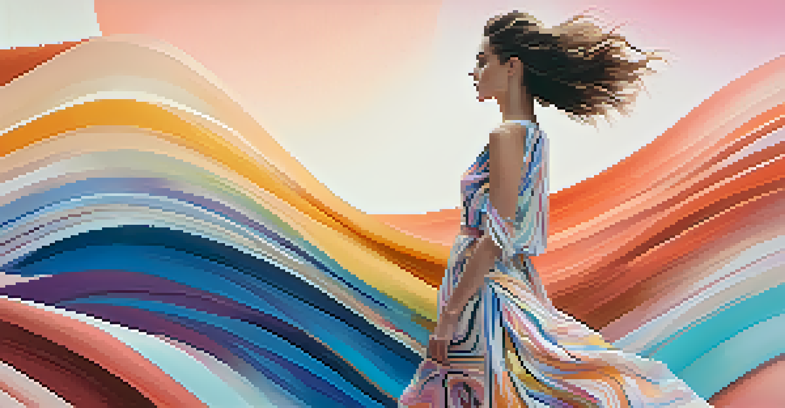 A digital artwork combining fashion illustration and photography with a colorful model silhouette against a gradient background.