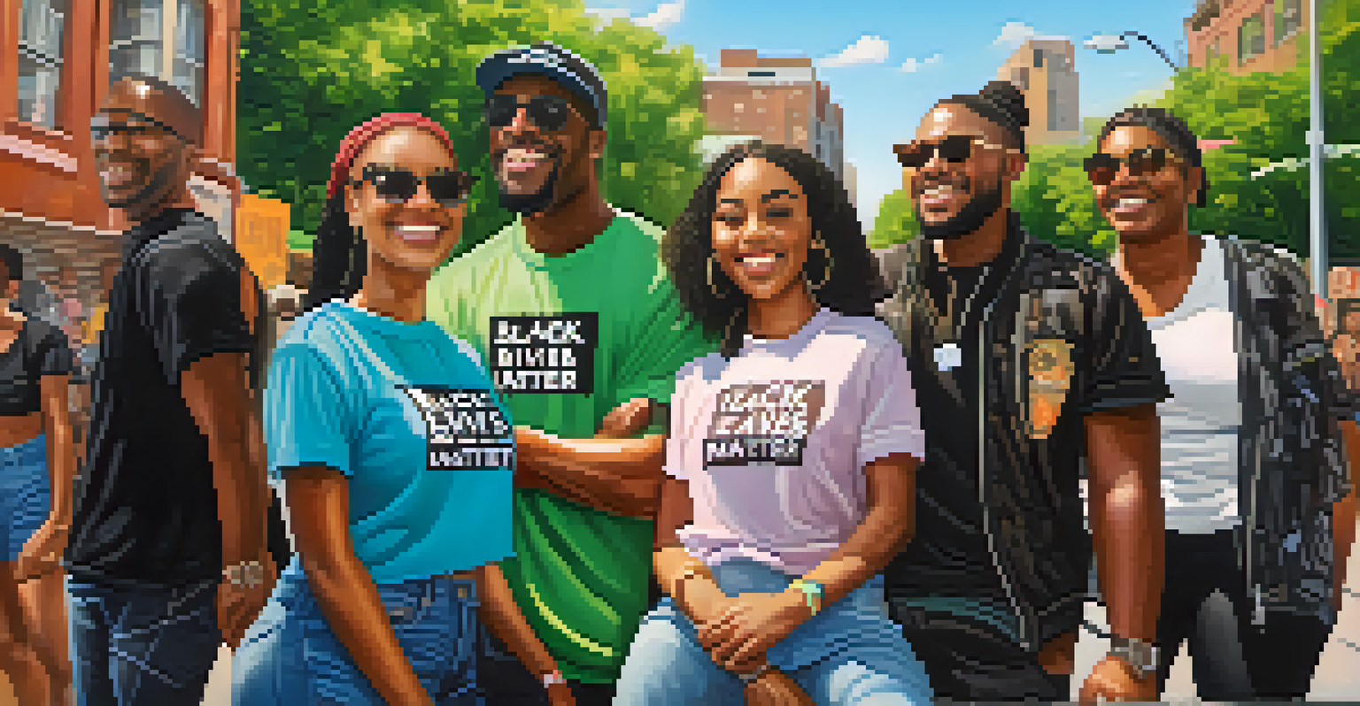 A group of friends in an urban park wearing Black Lives Matter clothing, with greenery and colorful murals in the background.