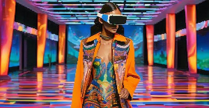 A virtual reality fashion show with diverse models wearing futuristic clothing on a digitally lit runway, surrounded by avatar audience members.