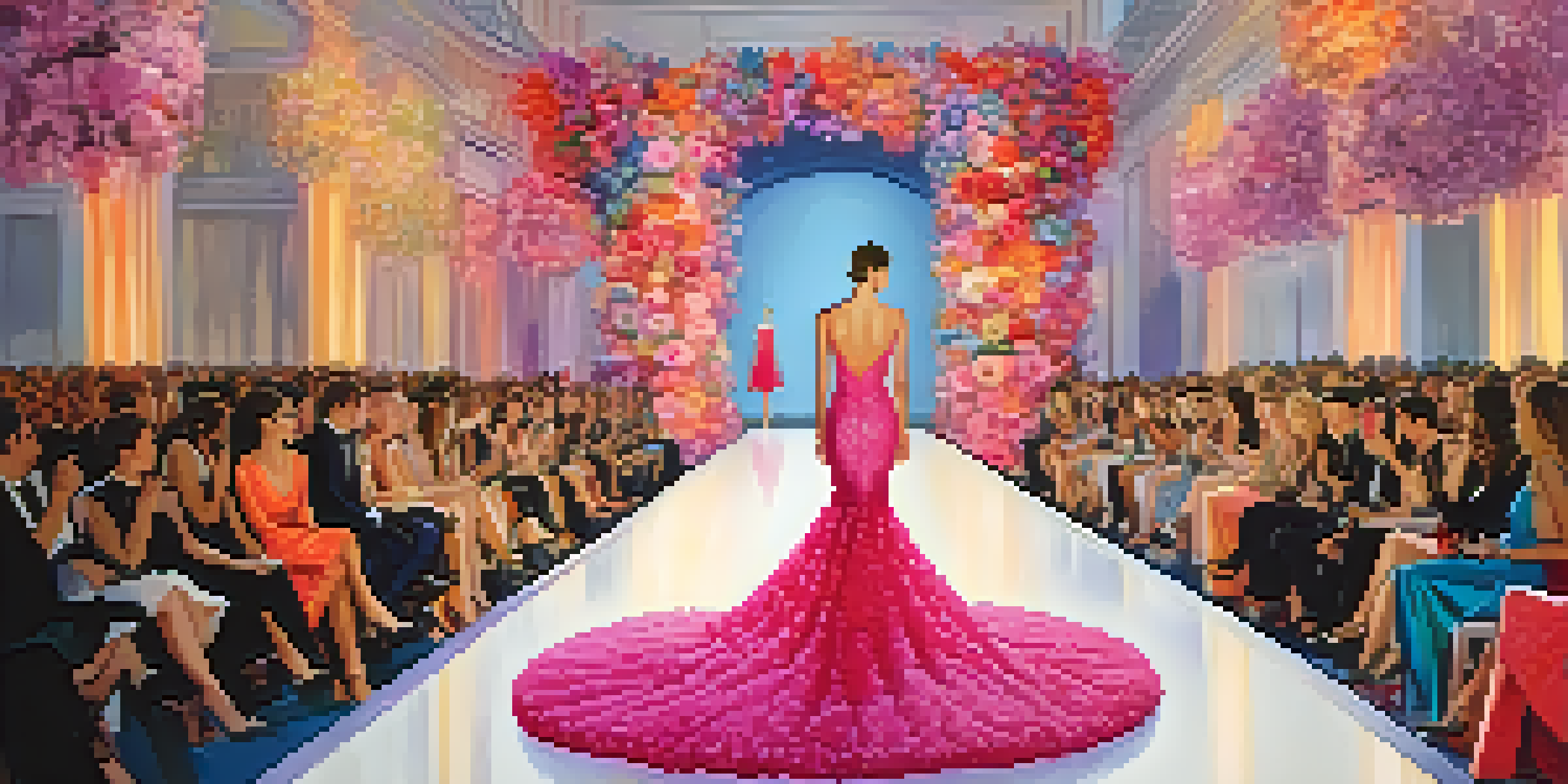 A vibrant fashion show with diverse attendees watching a model on the runway, adorned with a colorful haute couture gown and floral decorations.