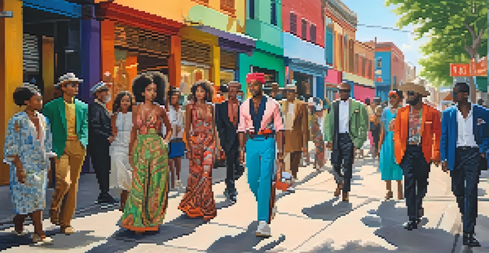A lively urban street scene with a diverse group of people in traditional and modern clothing, surrounded by colorful murals.