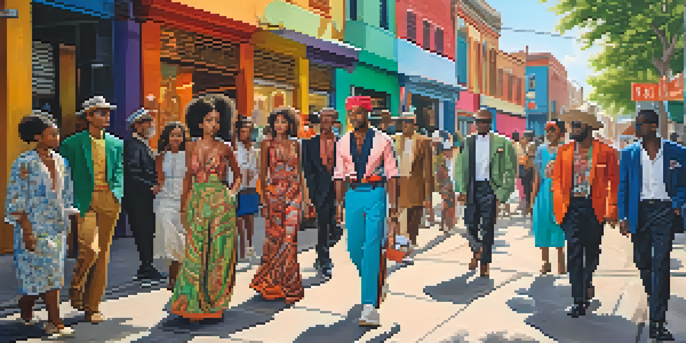 A lively urban street scene with a diverse group of people in traditional and modern clothing, surrounded by colorful murals.