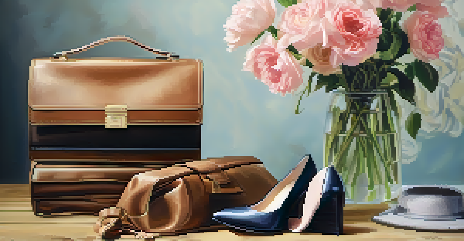 A stylish outfit displayed on a wooden table, including shoes, a handbag, and accessories, with natural lighting and flowers in the background.
