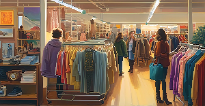 A warm and inviting thrift store filled with colorful vintage clothing and accessories, with diverse shoppers exploring the racks.