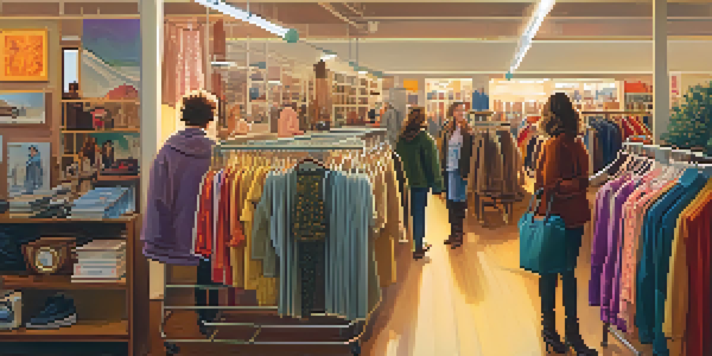 A warm and inviting thrift store filled with colorful vintage clothing and accessories, with diverse shoppers exploring the racks.