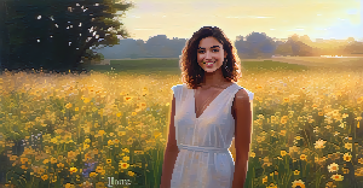 A young woman in an eco-friendly dress standing in a field of wildflowers, holding a sign for gender equality, illuminated by warm golden hour light.