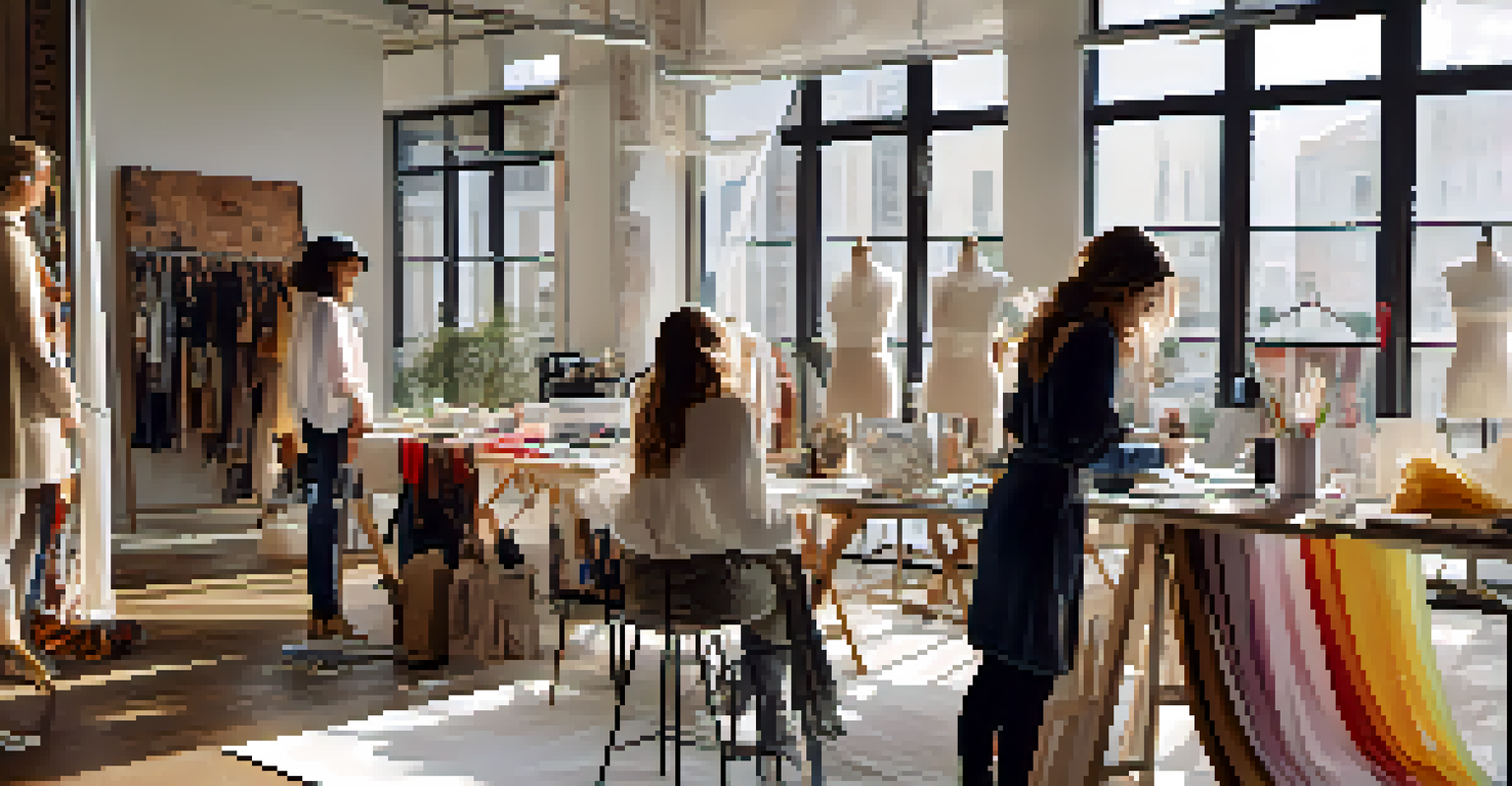 A designer sketching at a well-lit workspace filled with fabric swatches and mannequins displaying fashion pieces, capturing the essence of a fashion collaboration's creative process.
