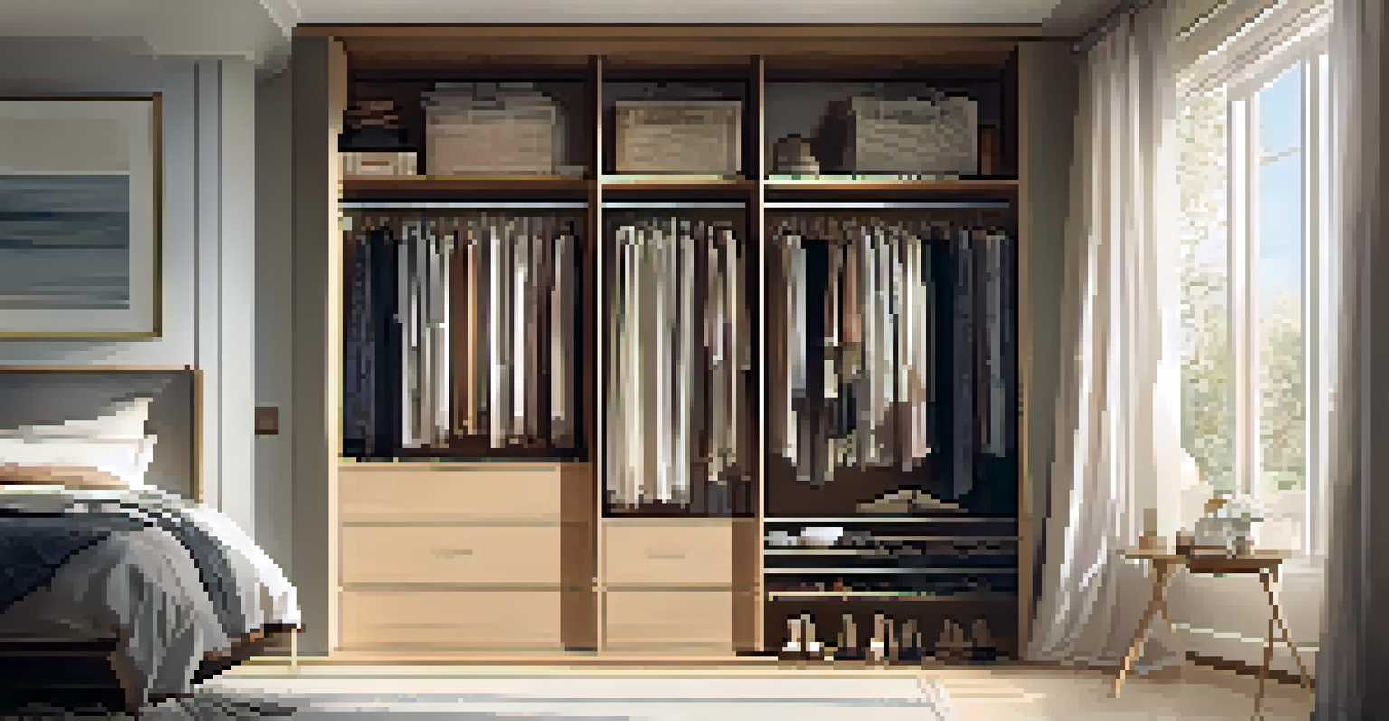 A tidy bedroom closet featuring a minimalist capsule wardrobe, with clothing and accessories arranged neatly, illuminated by soft sunlight.