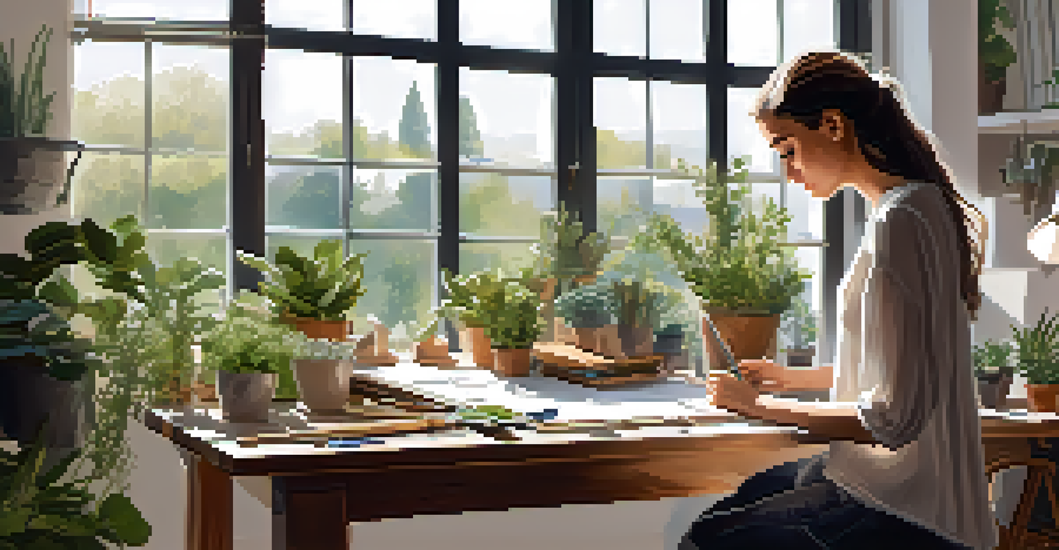 A fashion designer sketching in a bright studio filled with plants and sustainable materials, with sunlight streaming through a large window.