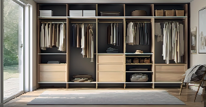 A neatly organized closet with neutral-toned clothes made from eco-friendly materials, illuminated by soft natural light.