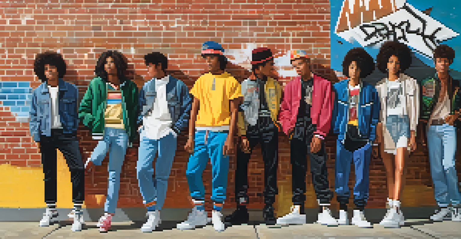 A vibrant urban street scene from the 1980s with teenagers in colorful high-top sneakers and fashionable outfits.