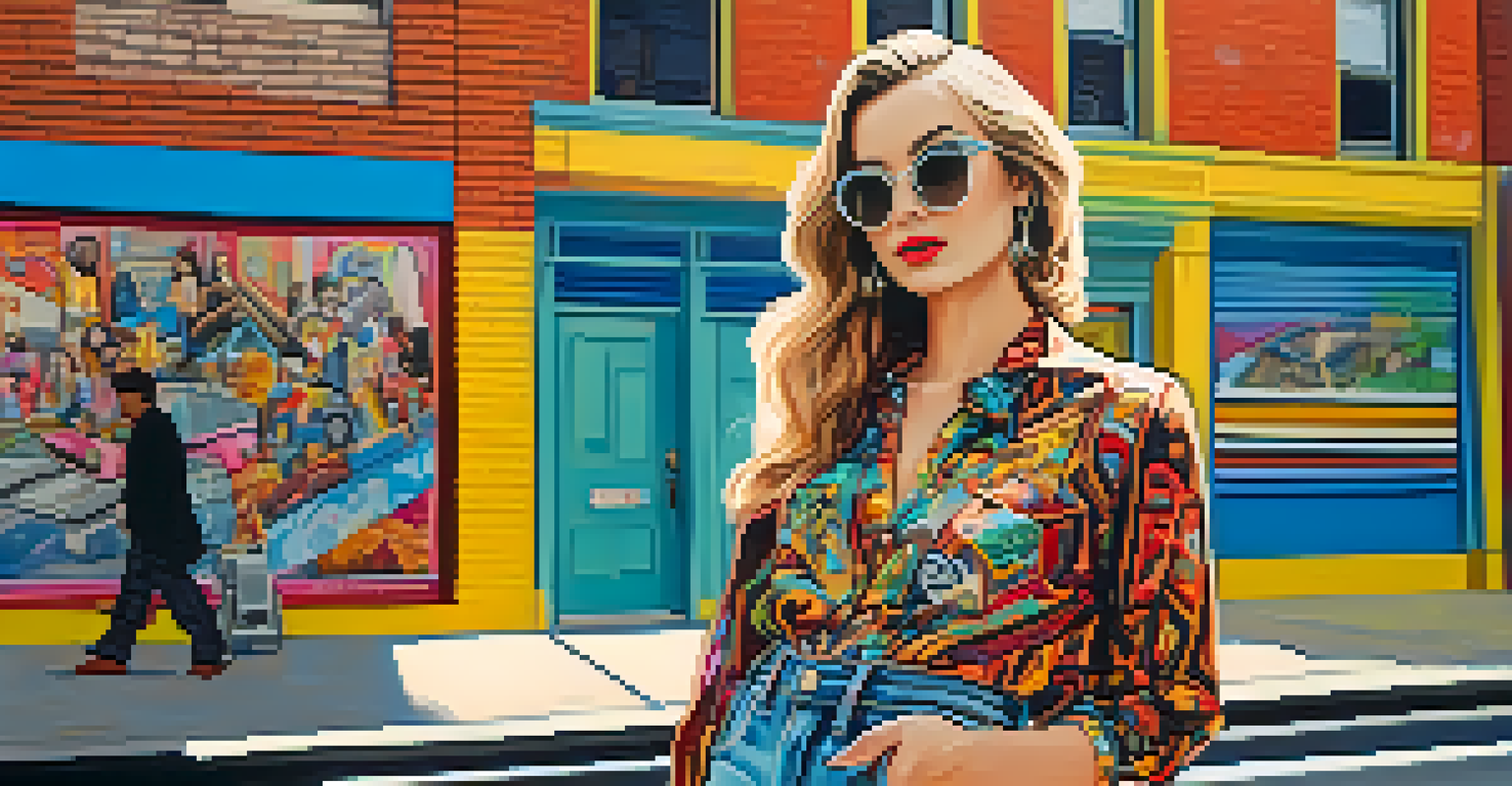 A young woman in a vintage-inspired outfit with a Pop Art blouse and jeans, holding a retro camera in an urban street with colorful murals.