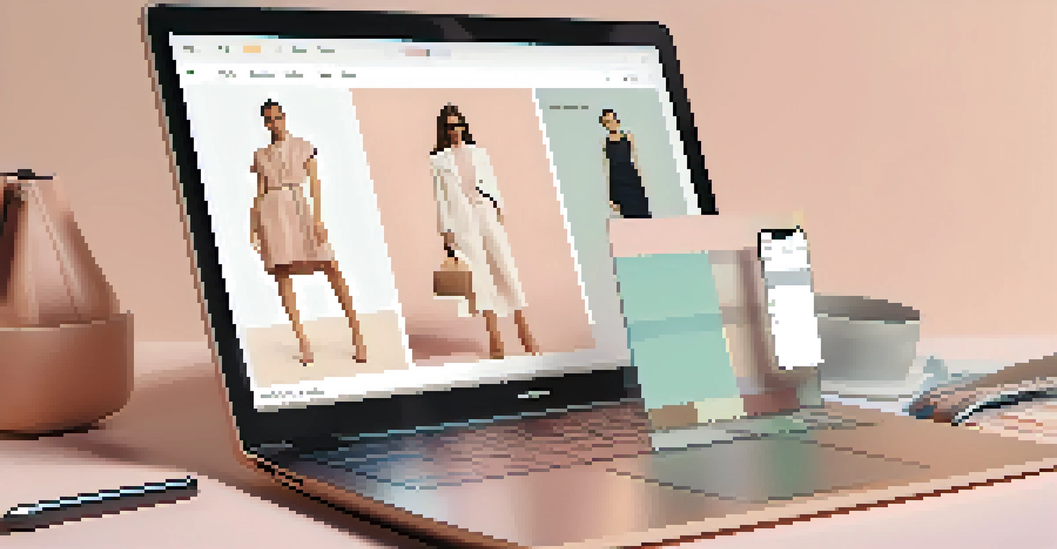 A modern laptop displaying personalized fashion recommendations on an online shopping interface, with a hand hovering over the touchpad.