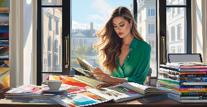 A fashion blogger working at a desk, with magazines and clothing swatches around her, illuminated by natural light.
