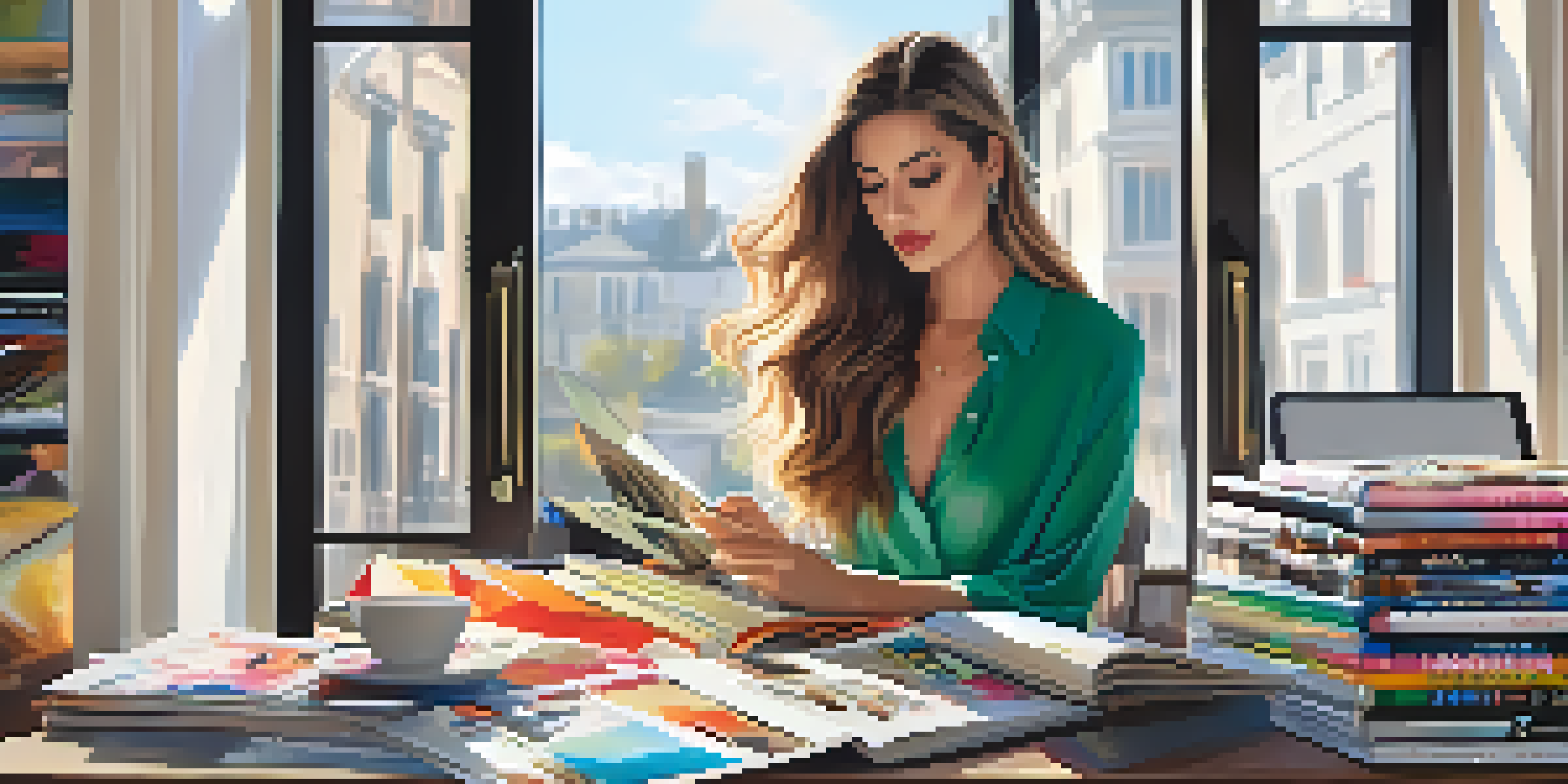 A fashion blogger working at a desk, with magazines and clothing swatches around her, illuminated by natural light.