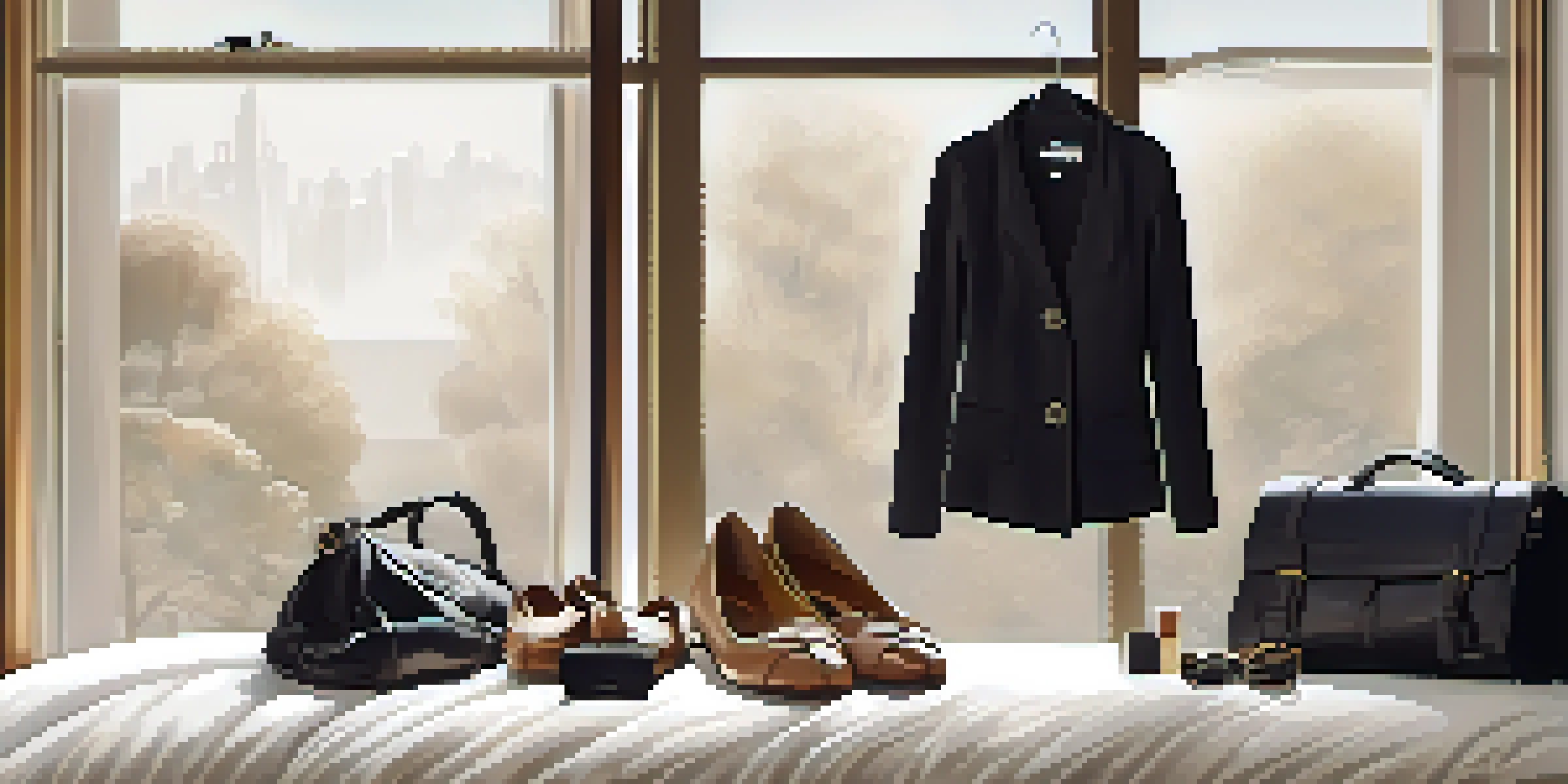 A neatly arranged travel outfit on a bed, showcasing a white t-shirt, dark jeans, a little black dress, and a neutral jacket with accessories.