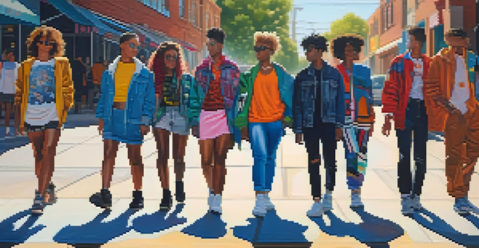 A lively street scene with young individuals in diverse gender expressions wearing colorful, oversized clothing amidst vibrant street art.