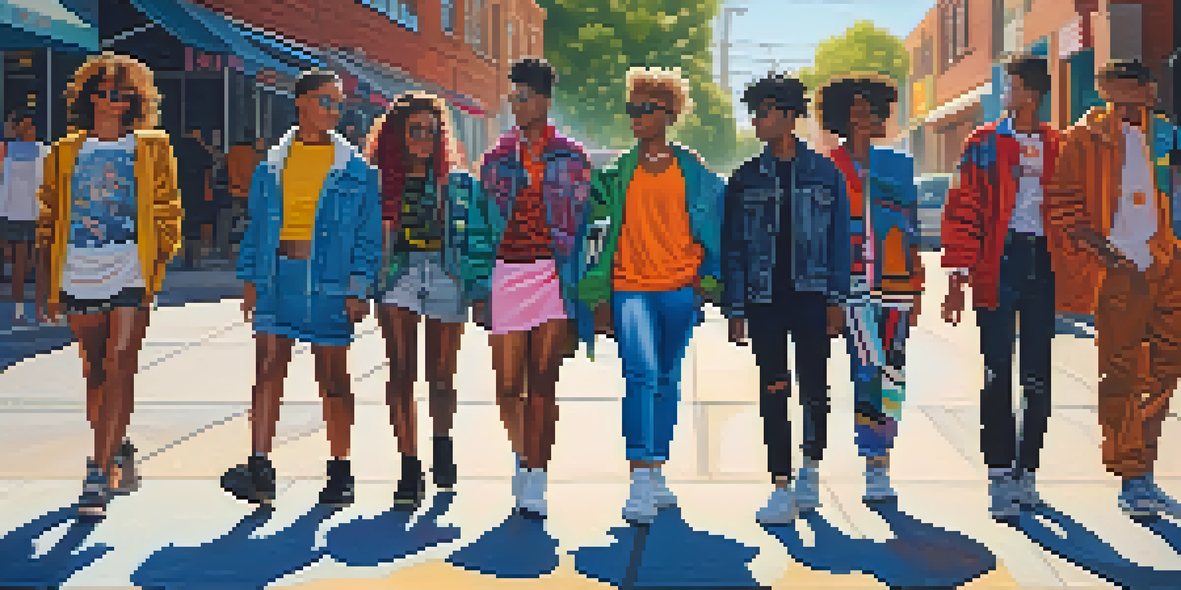 A lively street scene with young individuals in diverse gender expressions wearing colorful, oversized clothing amidst vibrant street art.