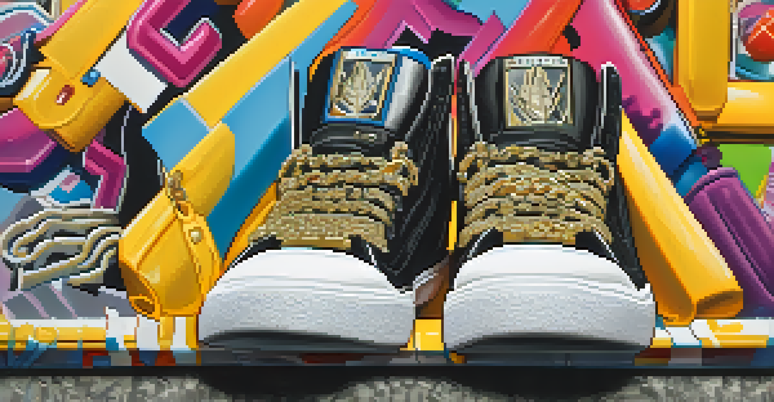 A detailed view of a hip-hop outfit featuring flashy sneakers, a graphic tee, a snapback hat, and gold chains on a textured surface.