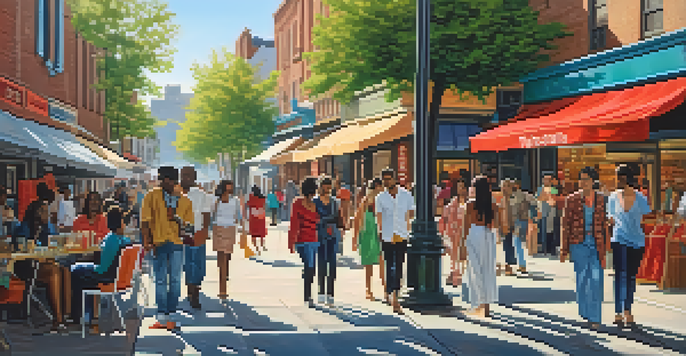 A lively street scene with diverse people in fashionable outfits, surrounded by colorful storefronts and illuminated by sunlight.