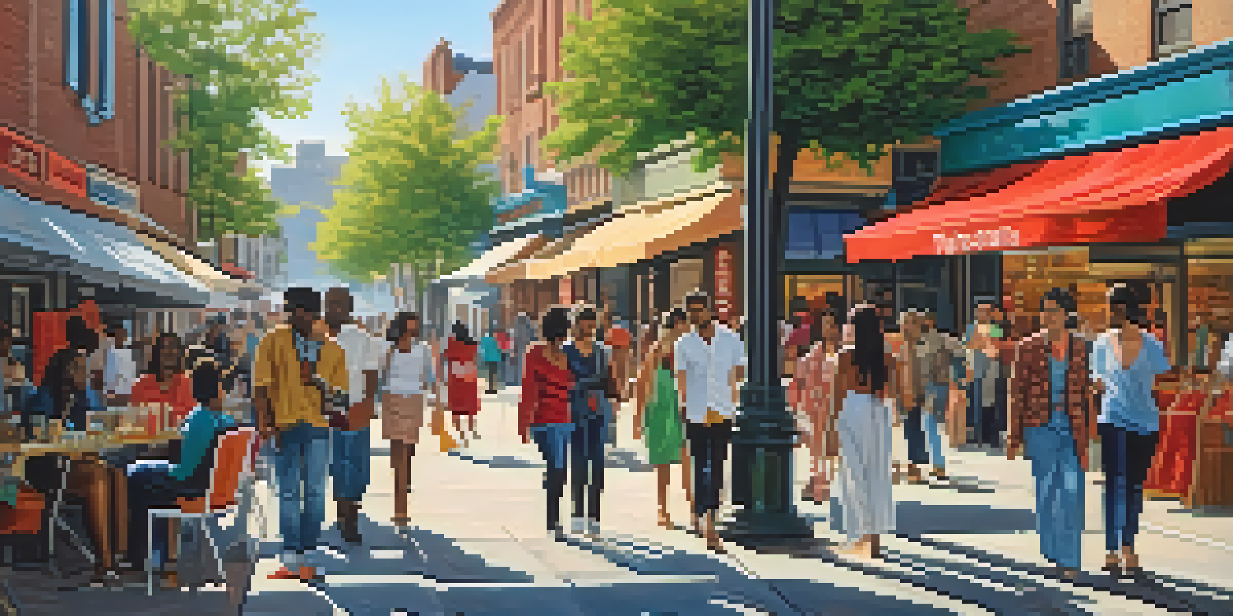 A lively street scene with diverse people in fashionable outfits, surrounded by colorful storefronts and illuminated by sunlight.