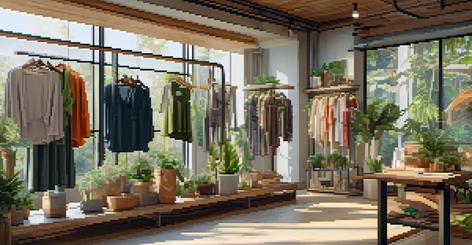 A bright and inviting boutique featuring sustainable clothing, with natural light and plants enhancing the eco-friendly atmosphere.