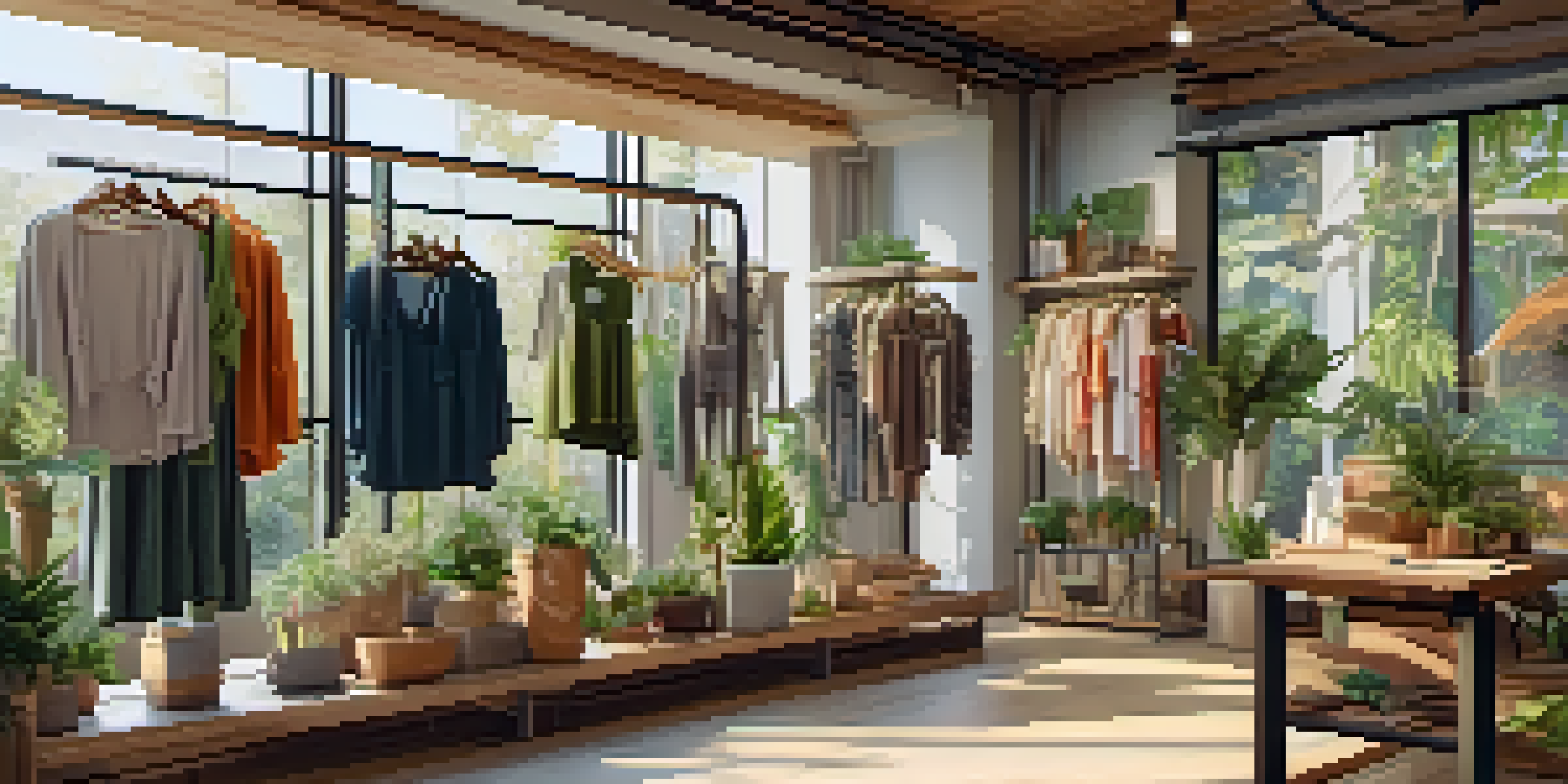 A bright and inviting boutique featuring sustainable clothing, with natural light and plants enhancing the eco-friendly atmosphere.