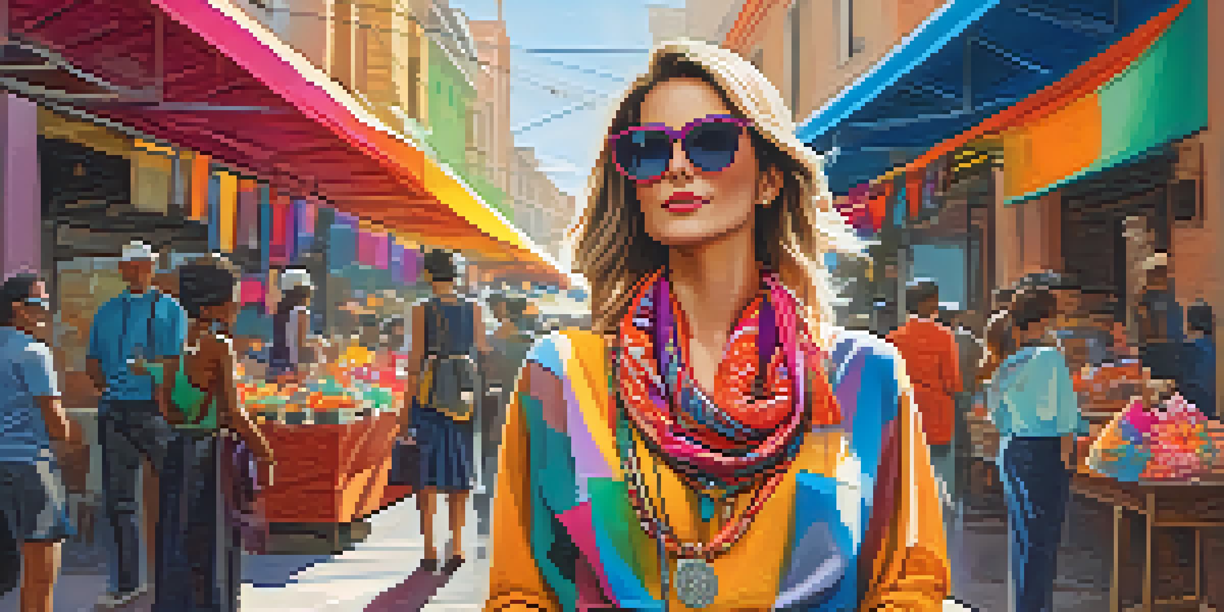 A fashionable woman wearing bold accessories stands in a colorful street market with scarves and bags displayed around her.